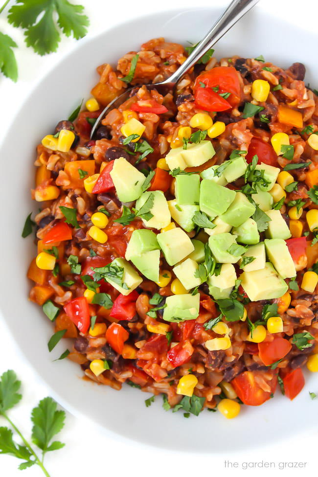 Vegan beans and rice in a bowl topped with avocado