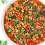 Bowl of vegan Lentil Tomato Soup with spoon