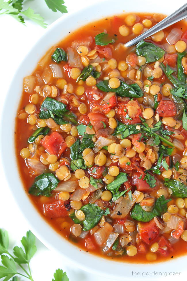 Bowl of smoky tomato lentil soup with spoon