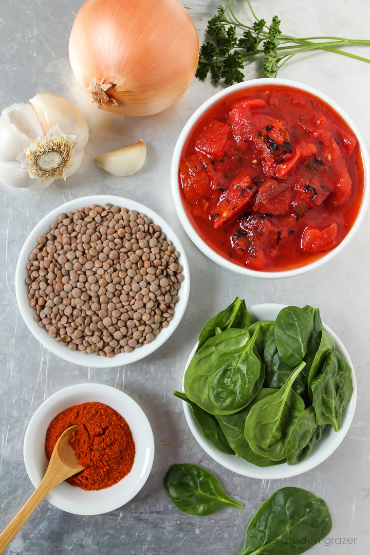 Onion, garlic, fresh spinach, lentils, and smoked paprika ingredients laid out on a metal tray