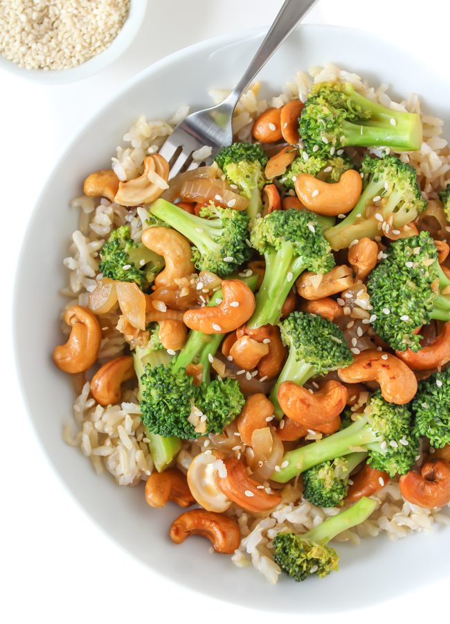 Broccoli Cashew Stir Fry in a bowl with brown rice