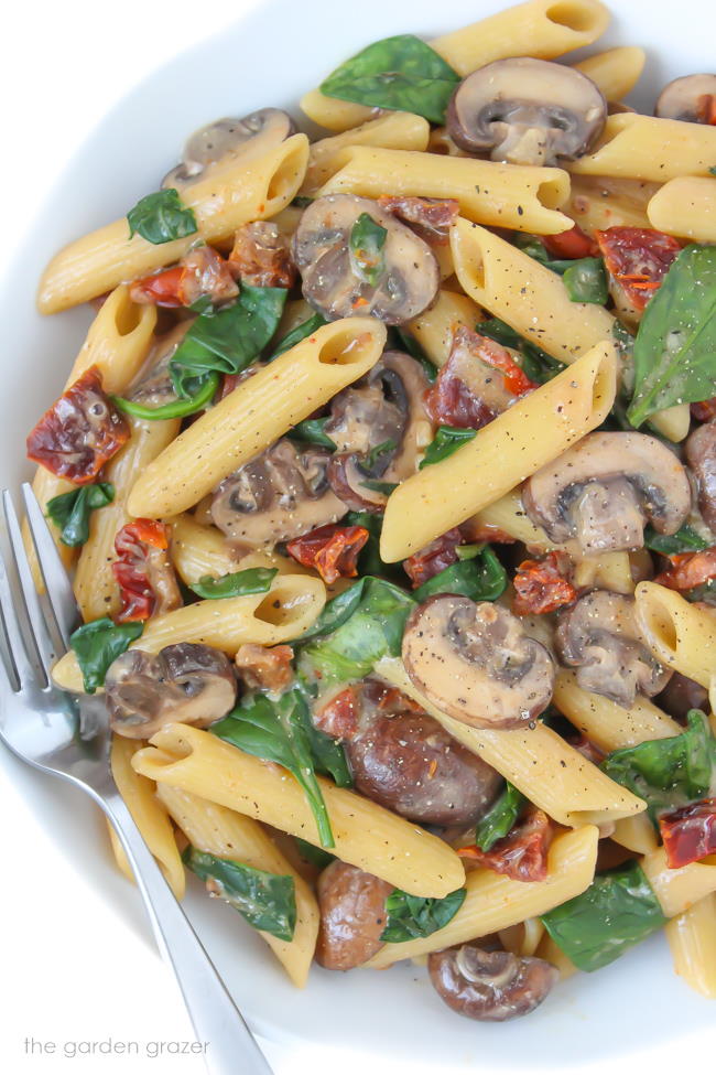 A plate of Creamy Sun-Dried Tomato Mushroom Pasta