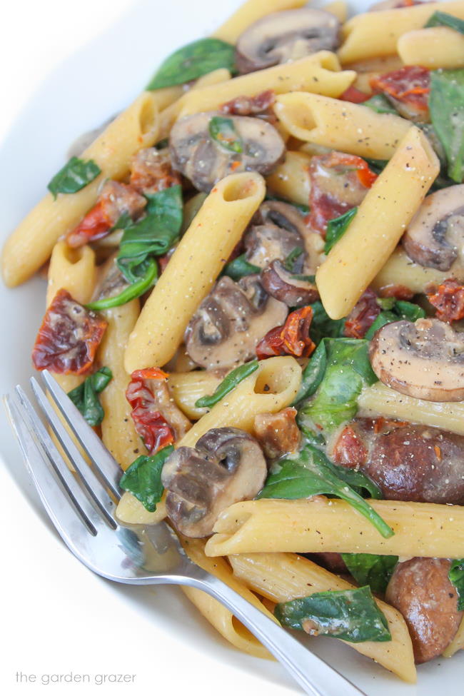 Creamy Sun-Dried Tomato Mushroom Pasta on a plate