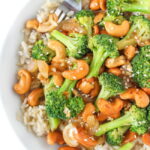 Bowl of vegan cashew stir fry with broccoli