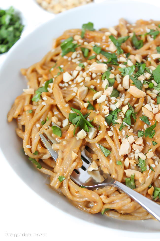 Creamy spaghetti noodles with peanut butter sauce in a white bowl with fork