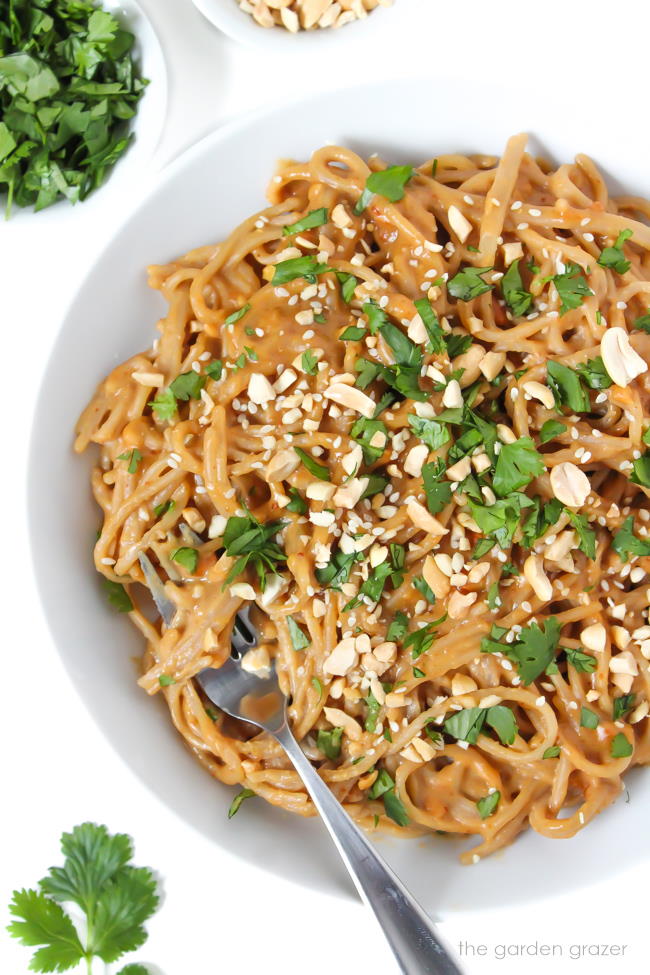 Peanut noodles in a white bowl with fresh cilantro and chopped peanuts on top