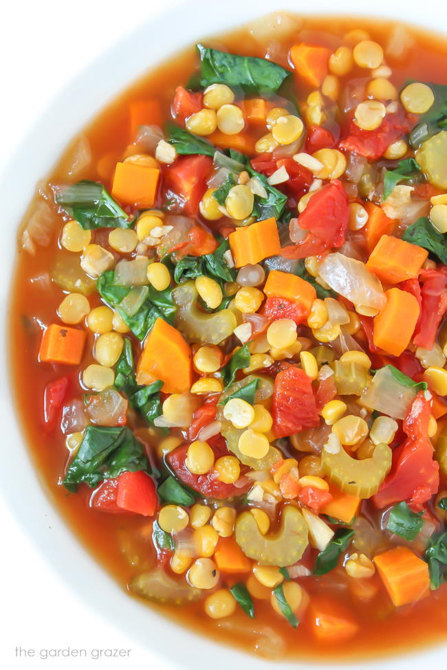 Close-up view of Vegan Split Pea Soup in a bowl