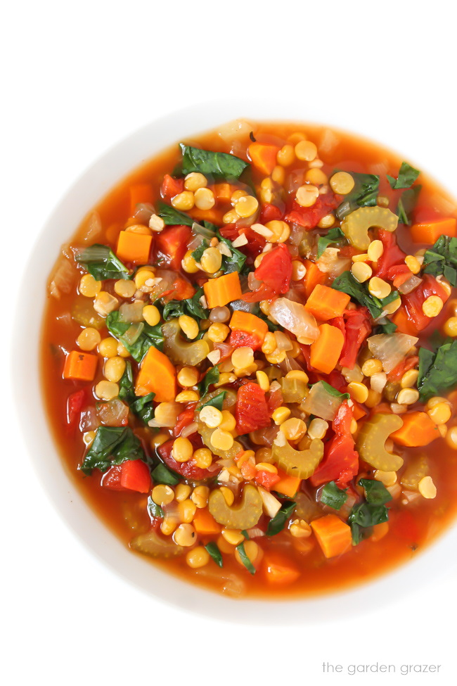 Split pea and vegetable soup in a white bowl