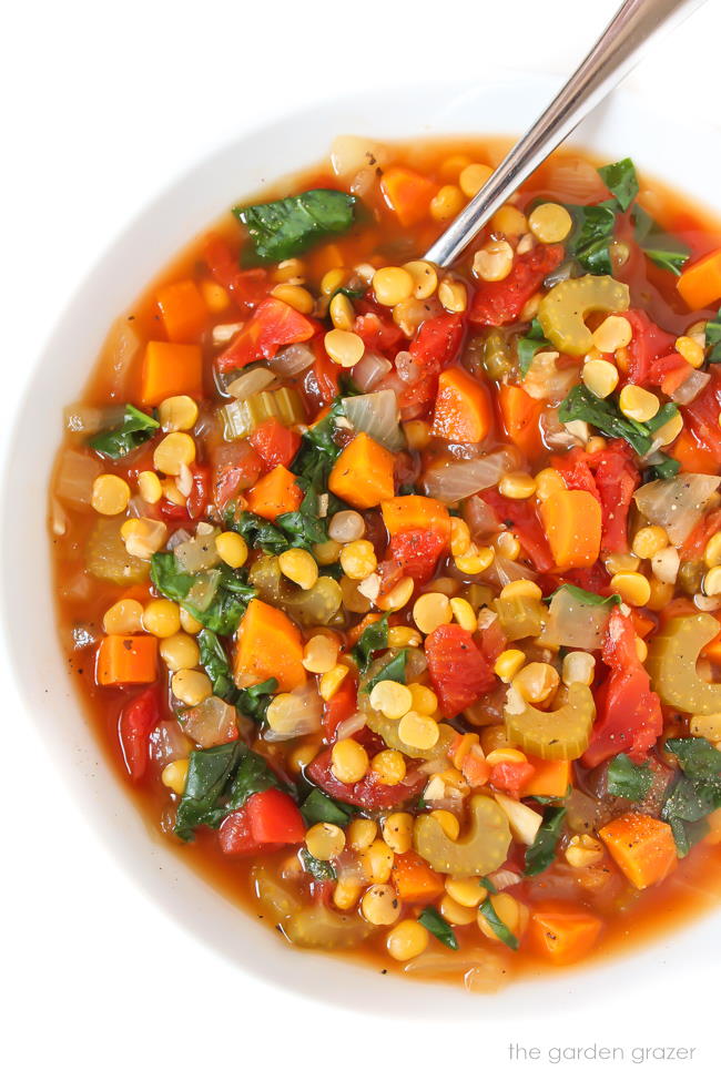 Bowl of Vegan Split Pea Soup with a spoon