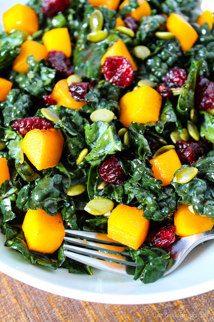 Close up view of butternut squash kale salad in a white bowl with serving fork