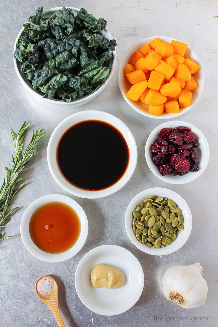 Kale, balsamic vinegar, rosemary, dried cranberries, garlic, mustard, and pumpkin seed ingredients laid out on a metal tray