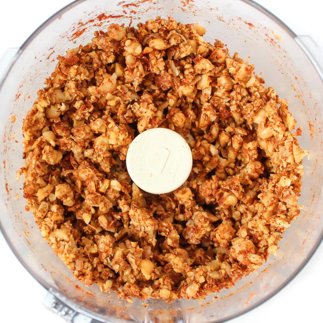 Vegan taco crumbles mixed in a food processor