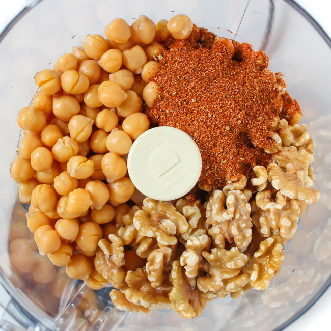 Chickpeas, walnuts, and taco seasoning in food processor