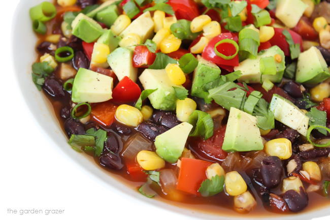 Close up view of southwestern black bean soup in a bowl