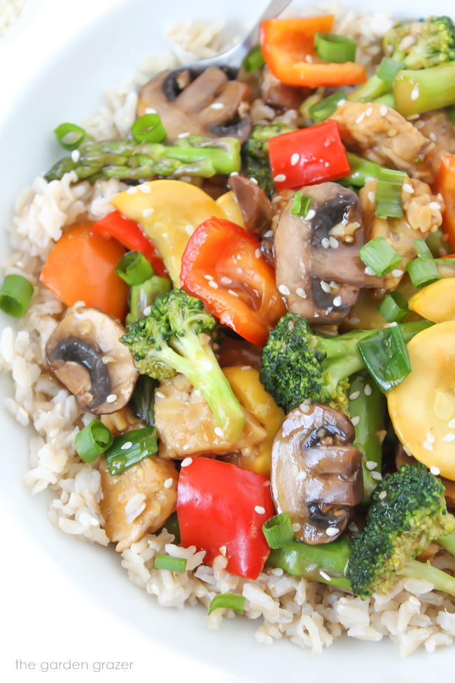 Vegetable tempeh teriyaki stir fry in a bowl with brown rice