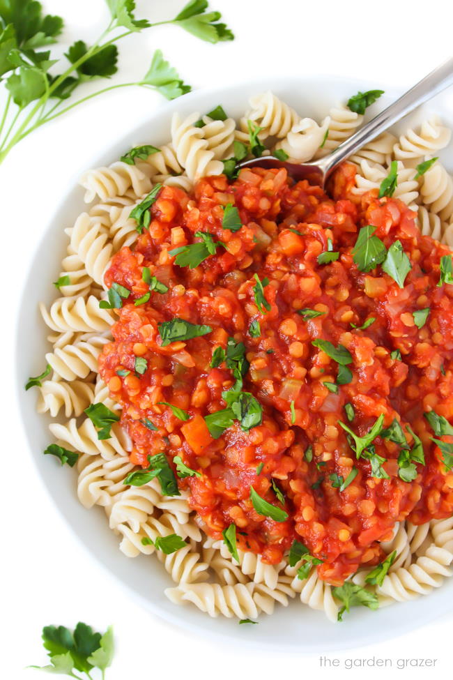 Bowl of vegan lentil bolognese sauce over pasta topped with parsley