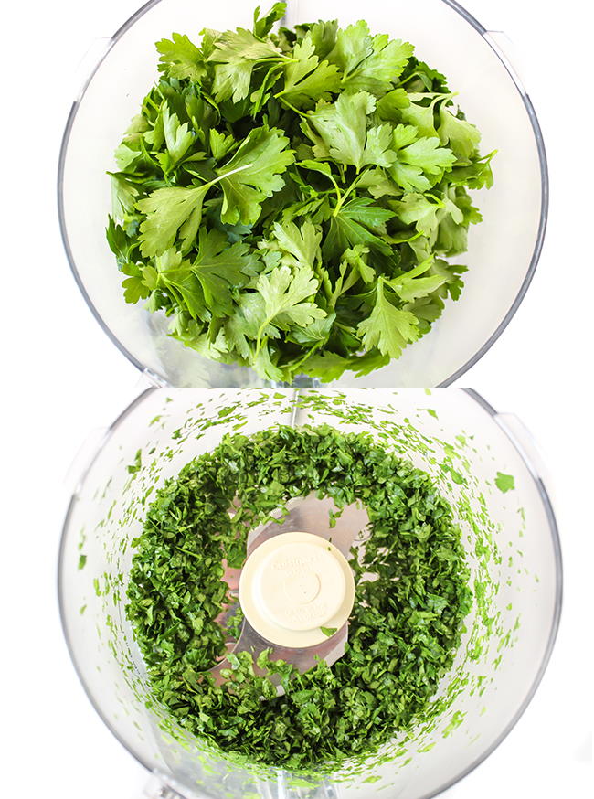 Fresh parsley being chopped in a food processor