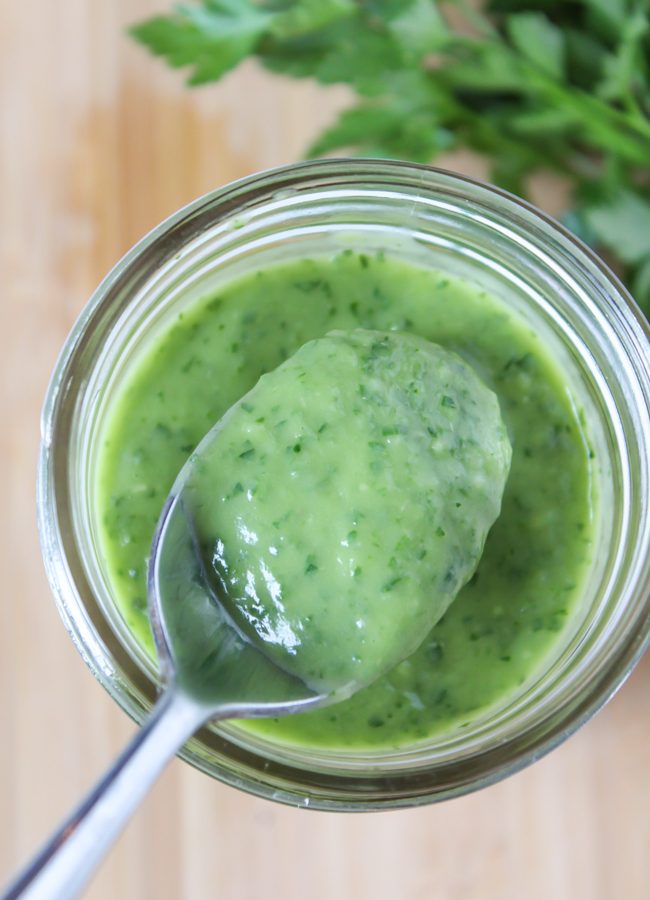 Creamy vegan garden herb dressing in a jar