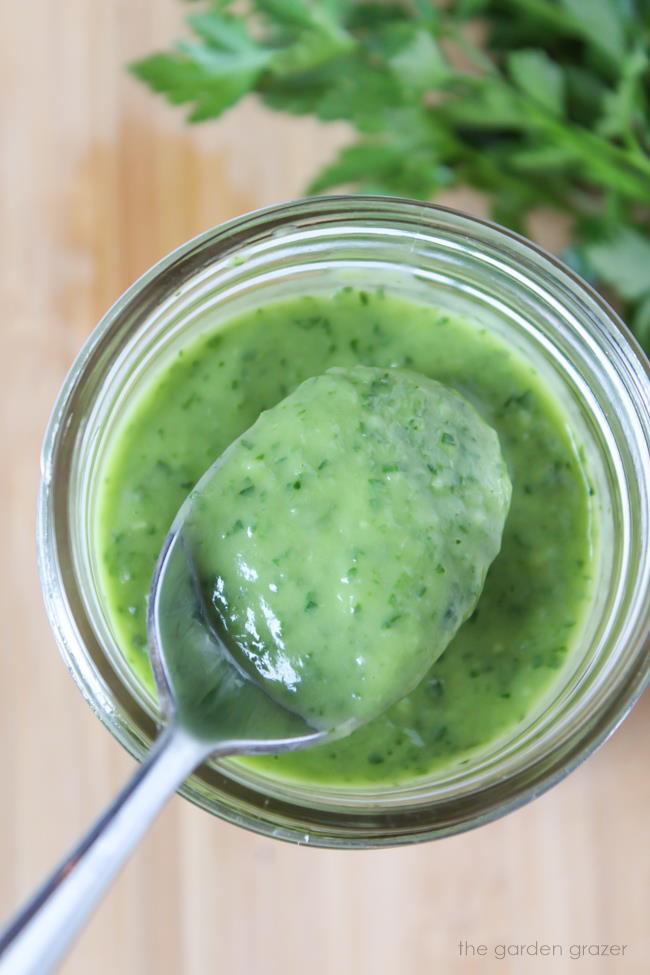 Creamy vegan garden herb dressing in a jar