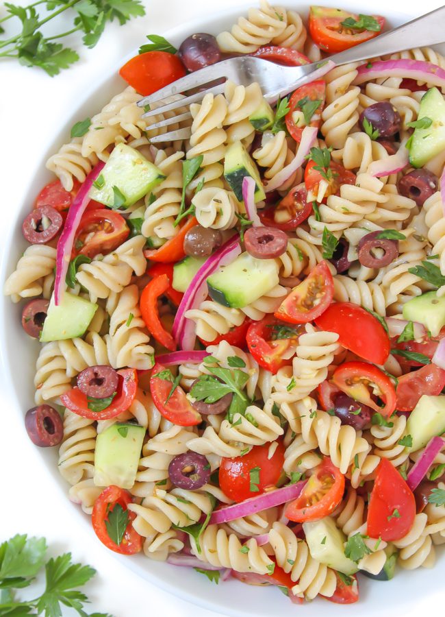 Vegan Italian Pasta Salad in a bowl with fork