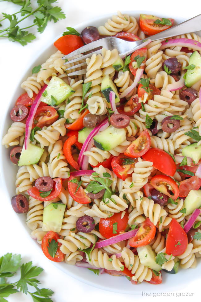 Vegan Italian Style Pasta Salad in a bowl with fork