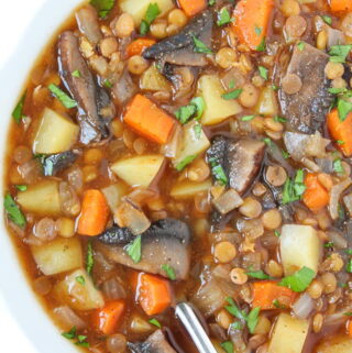 Vegan mushroom potato lentil stew in a bowl with spoon