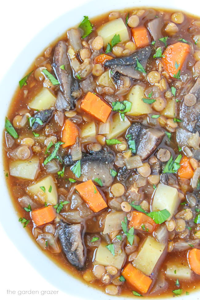 Bowl of vegan potato stew with mushrooms and lentils