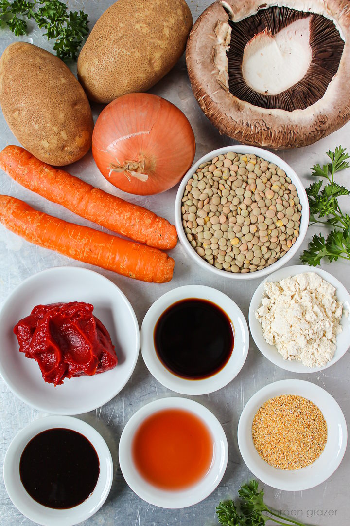 Portobello, potato, carrot, onion, lentils, tomato paste, and spice ingredients laid out on a metal tray