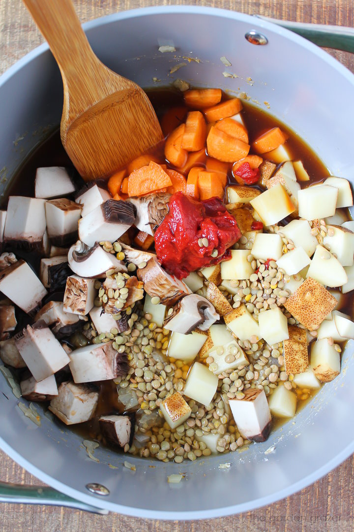 Overhead view of potatoes, carrots, onion, Portobello, and lentil preparation in a large pot before cooking 