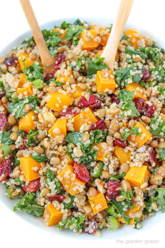 Bowl of vegan fall salad with lentils, quinoa, butternut squash, and maple dressing