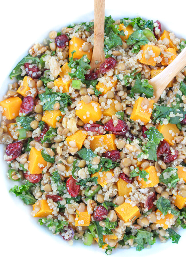 Lentil Quinoa Fall Salad with butternut squash and kale in a bowl