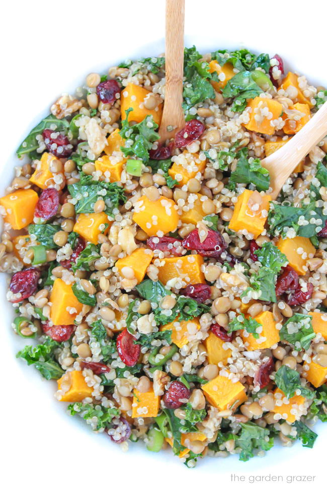 Lentil Quinoa Fall Salad with butternut squash and kale in a bowl