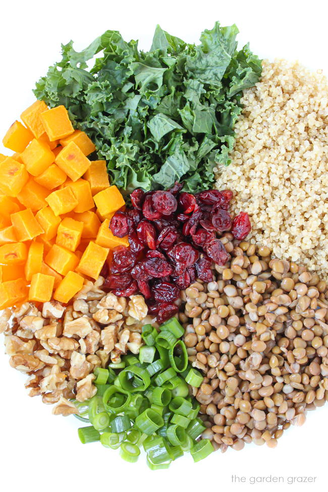 Ingredients in a bowl ready to be mixed for autumn salad