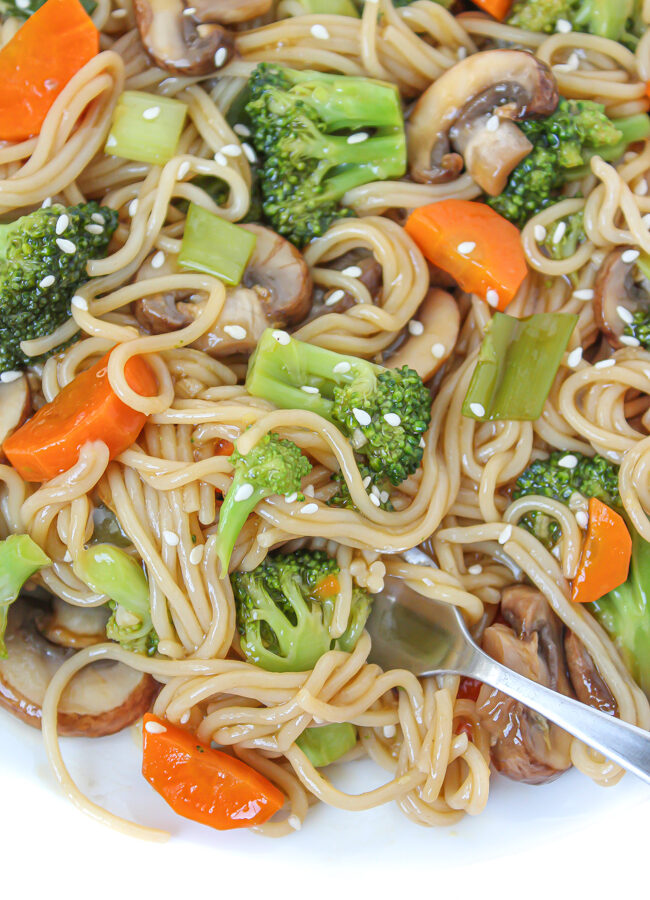 Plate of teriyaki noodle with vegetables