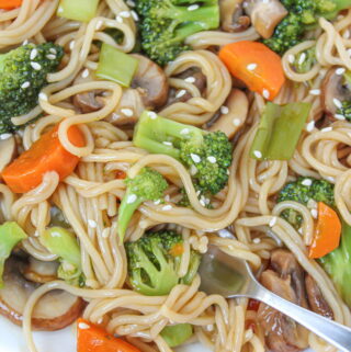 Plate of teriyaki noodles with vegetables topped with sesame seeds