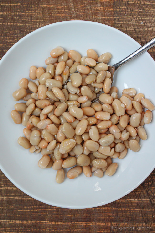 Cooked white beans in a white bowl on a wooden table