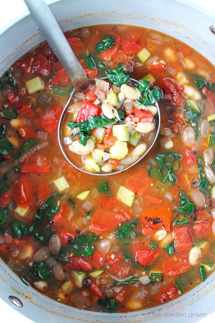 A ladle lifting up soup from a large stockpot