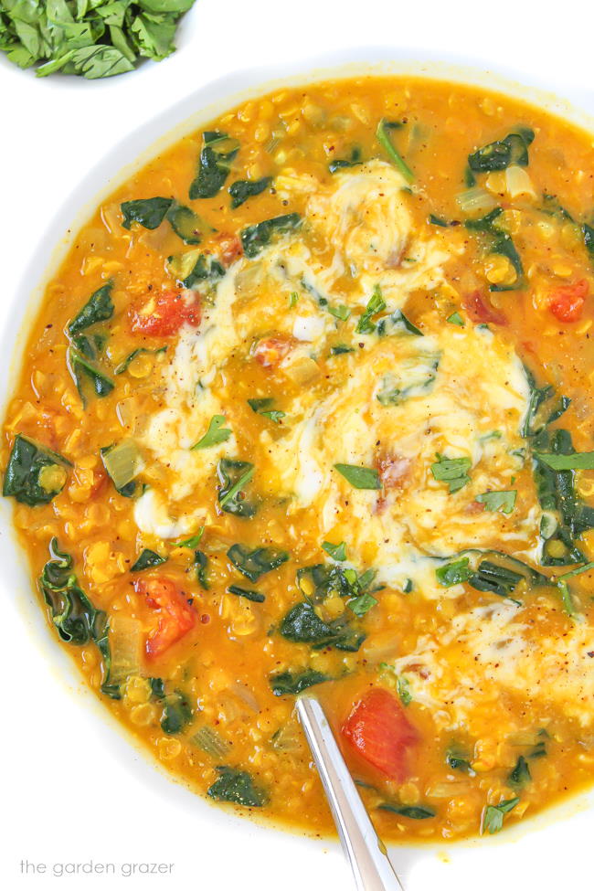 Coconut Curry Soup with Lentils in a bowl with spoon