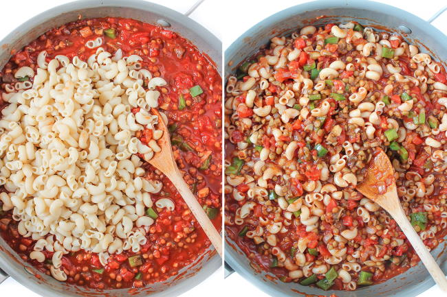 preparation of lentil goulash in hot skillet