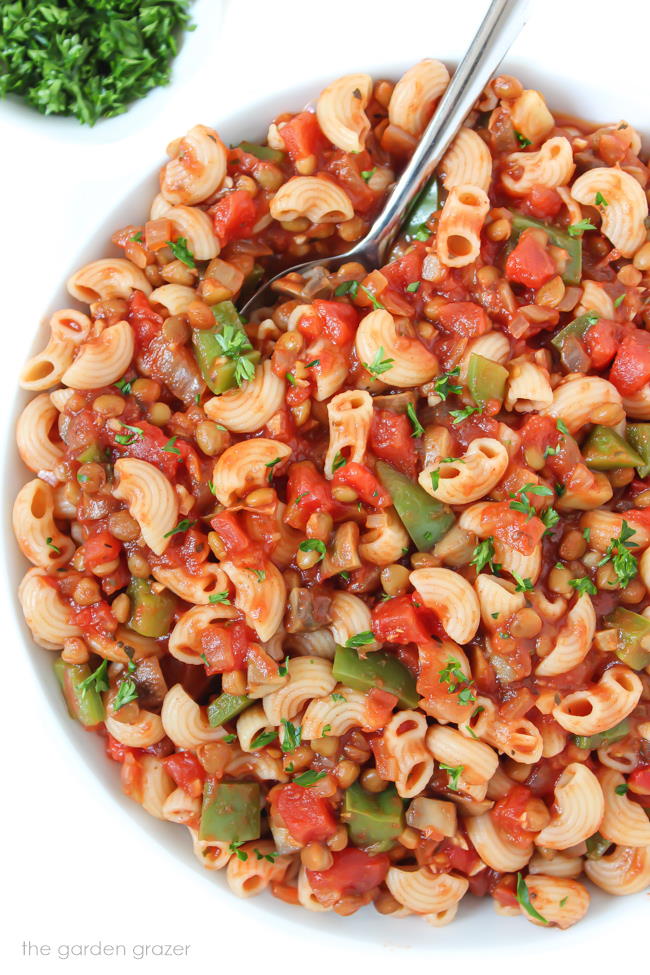 Vegan American Goulash on a plate with fresh parsley