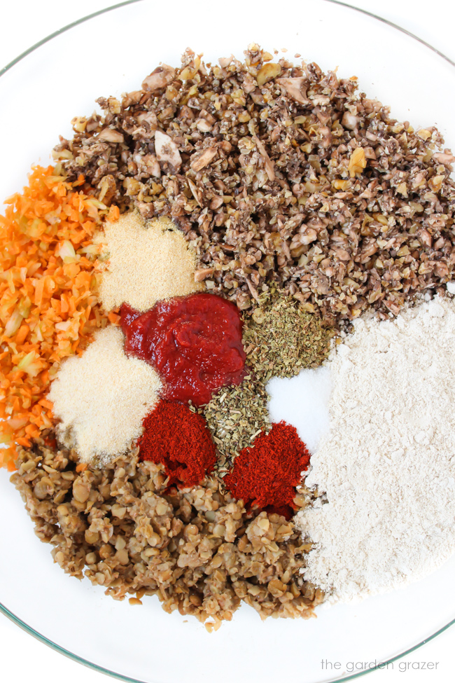 Ingredients for lentil walnut mushroom loaves in a bowl