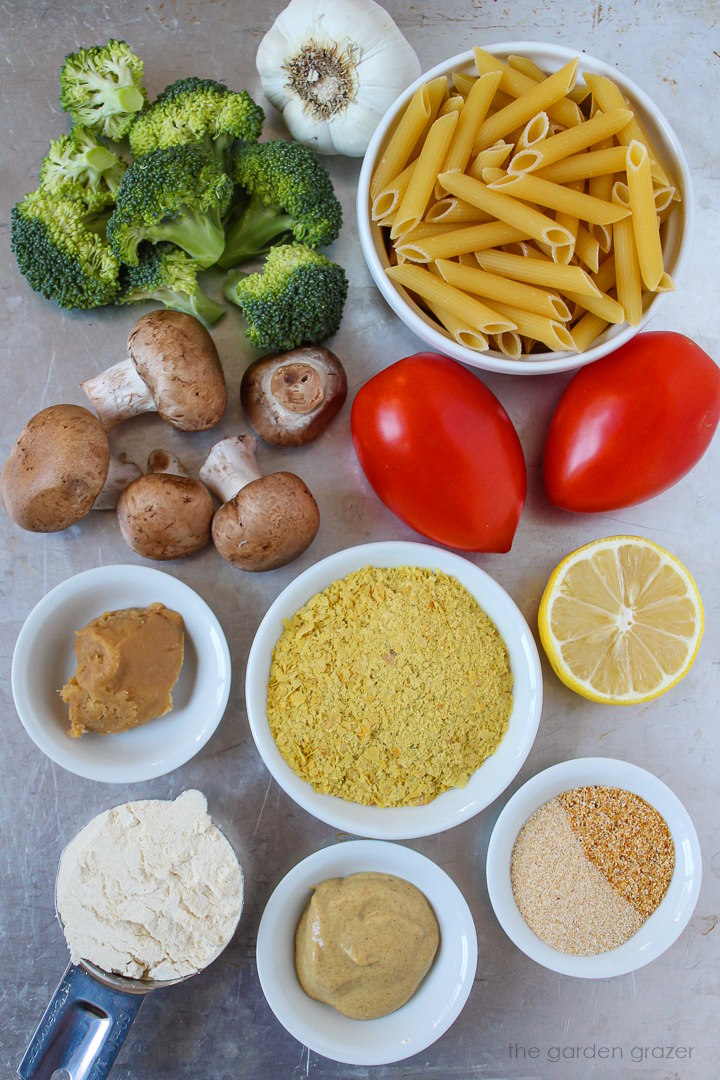 Tomatoes, penne, broccoli, mushrooms, garlic, flour, lemon, and spice ingredients laid out on a metal tray