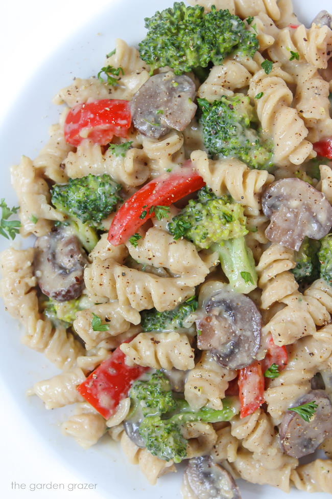 Plate of vegan creamy garlic pasta with broccoli and mushroom