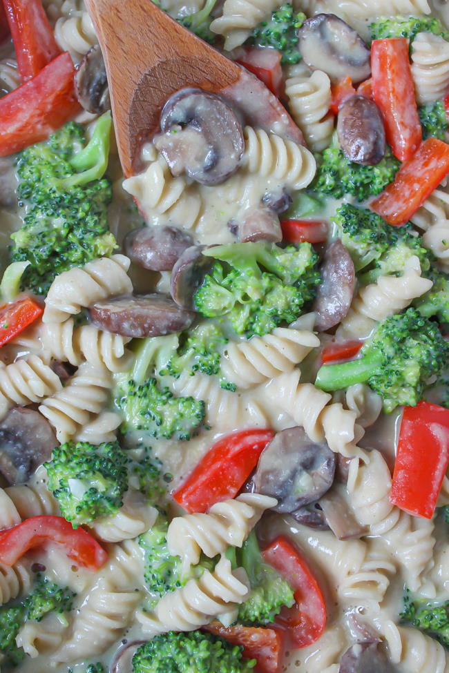 Creamy garlic pasta in a skillet