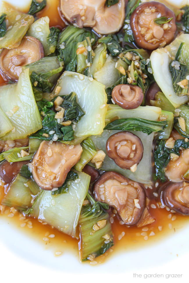 Plate of garlic bok choy with shiitake mushrooms