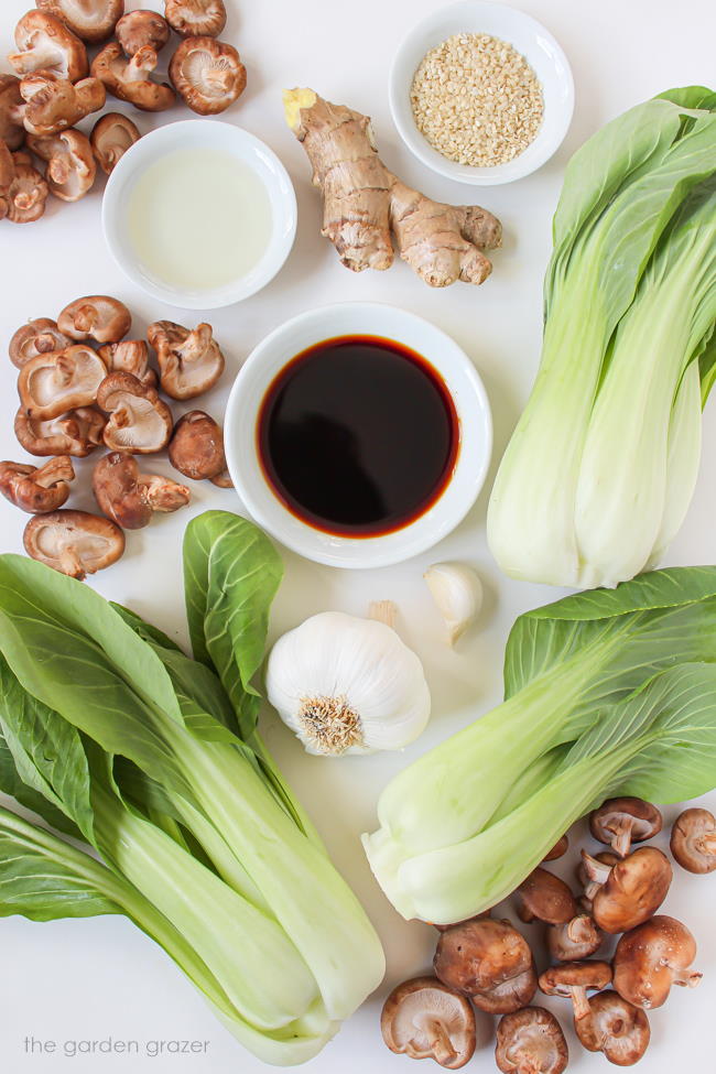 Ingredients for bok choy and mushrooms with garlic sauce