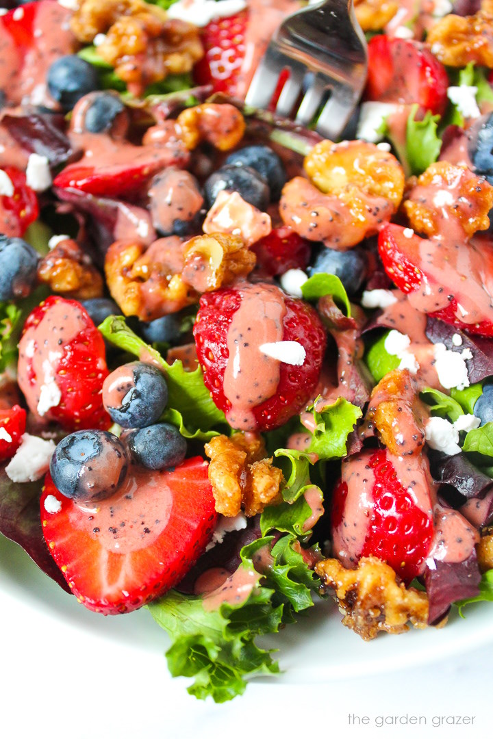 Close up view of a fork piercing strawberry blueberry salad with candied walnuts and berry balsamic dressing