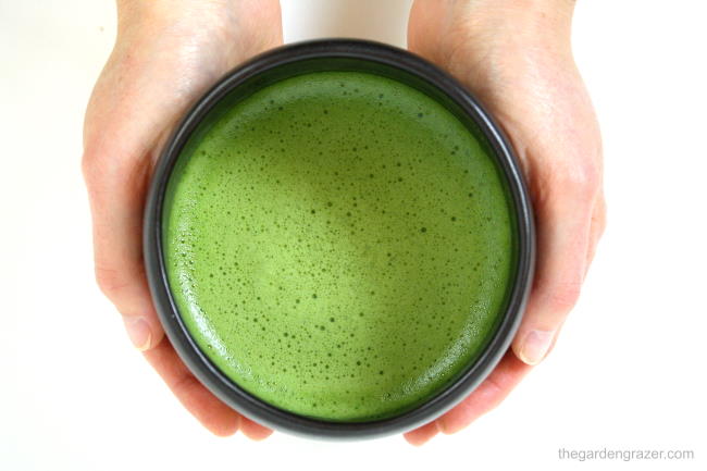 Hands holding a warm bowl of frothy, whisked matcha green tea