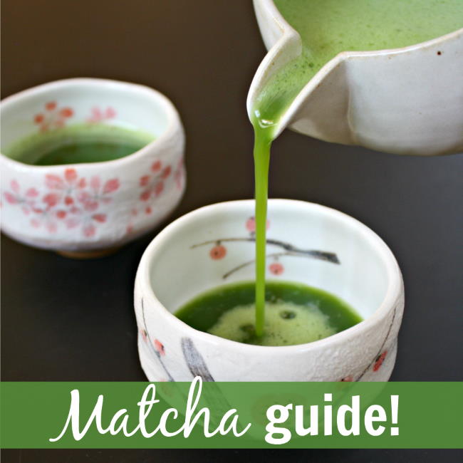 Pouring hot whisked matcha tea in a small tea cup