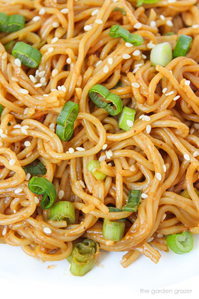 Close-up view of hoisin noodles with green onion and sesame seeds